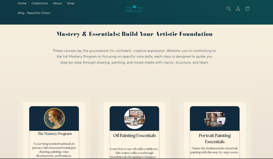 Screenshot of the Mastery & Essentials section of the LeMorris Art resource page featured in a blog post about building an artist website.
